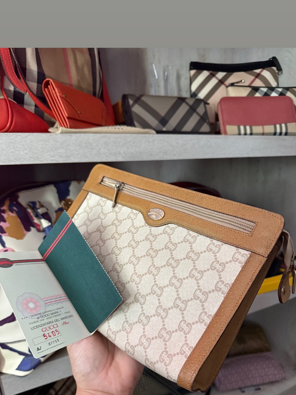 Gucci Vintage Beige GG Canvas and Tan Leather  Clutch